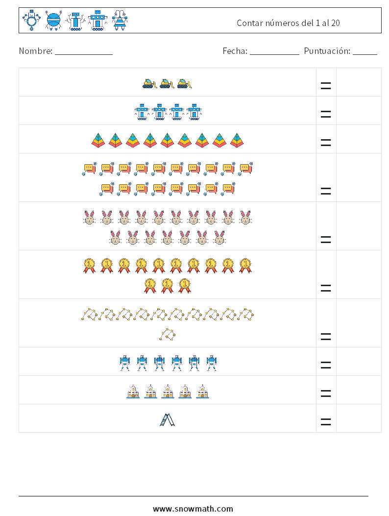 Contar números del 1 al 20 Hojas de trabajo de matemáticas 2
