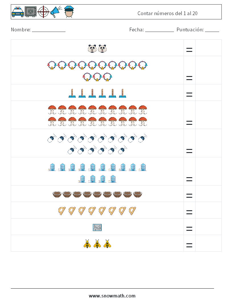 Contar números del 1 al 20 Hojas de trabajo de matemáticas 3