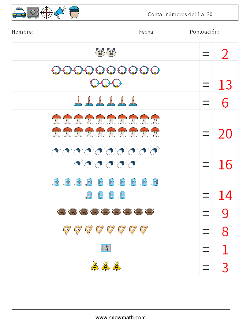 Contar números del 1 al 20 Hojas de trabajo de matemáticas 3 Pregunta, respuesta