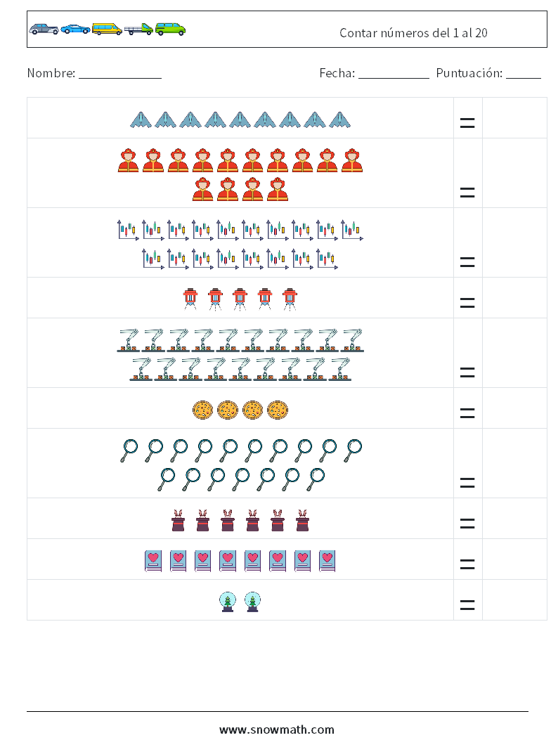 Contar números del 1 al 20 Hojas de trabajo de matemáticas 4