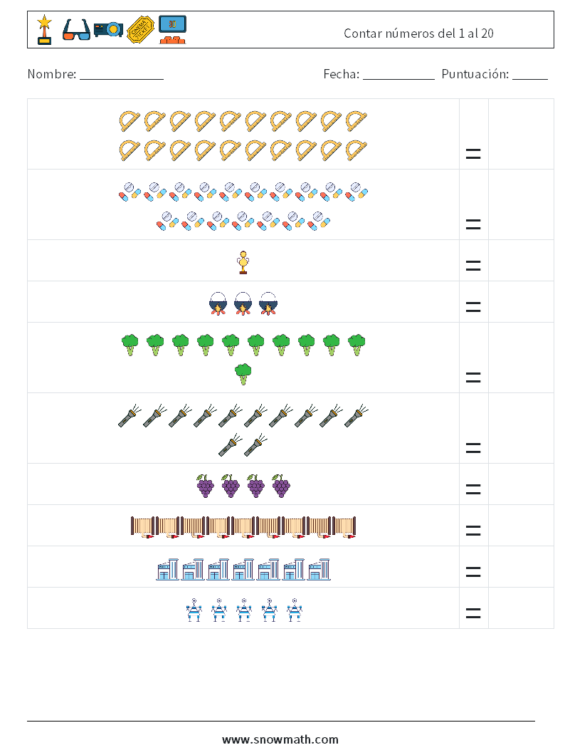 Contar números del 1 al 20 Hojas de trabajo de matemáticas 5