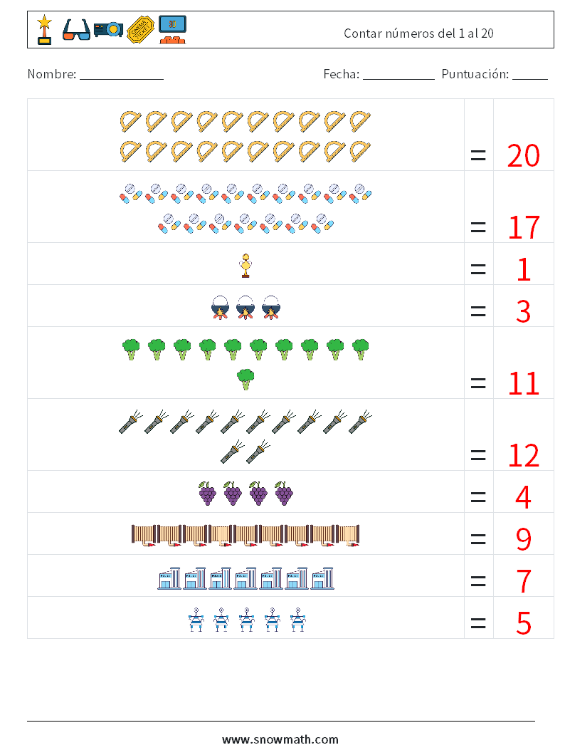 Contar números del 1 al 20 Hojas de trabajo de matemáticas 5 Pregunta, respuesta