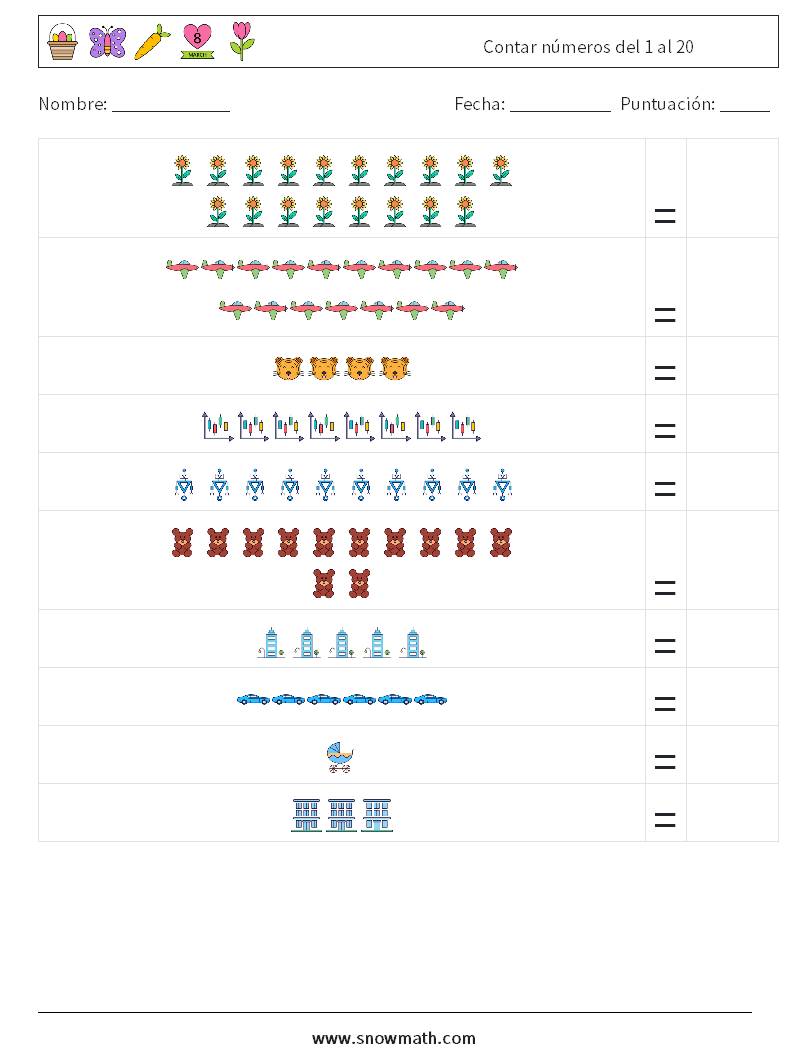 Contar números del 1 al 20 Hojas de trabajo de matemáticas 6