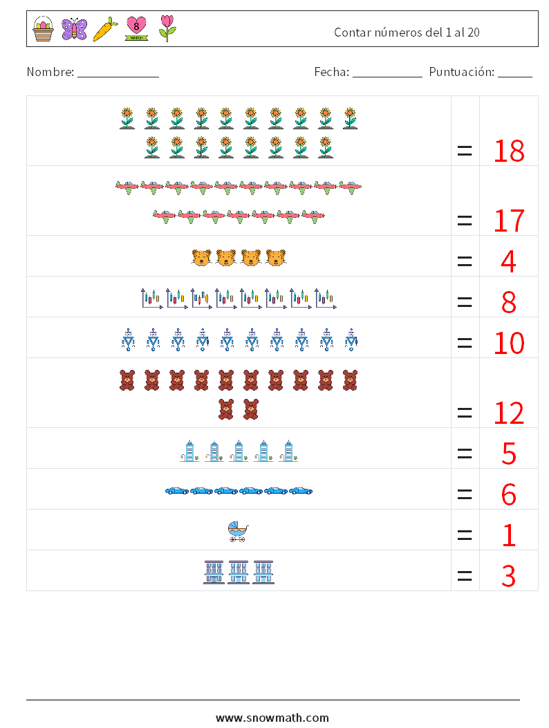 Contar números del 1 al 20 Hojas de trabajo de matemáticas 6 Pregunta, respuesta