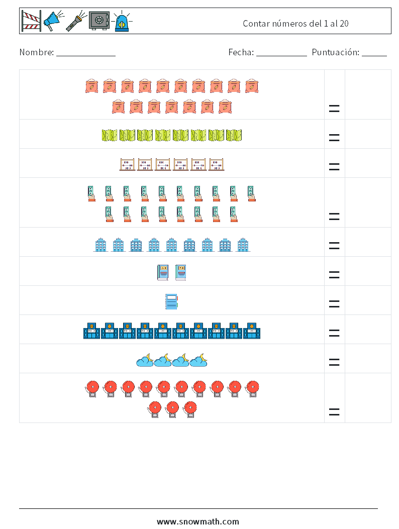 Contar números del 1 al 20 Hojas de trabajo de matemáticas 7