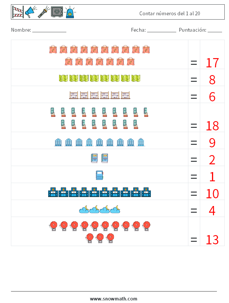 Contar números del 1 al 20 Hojas de trabajo de matemáticas 7 Pregunta, respuesta