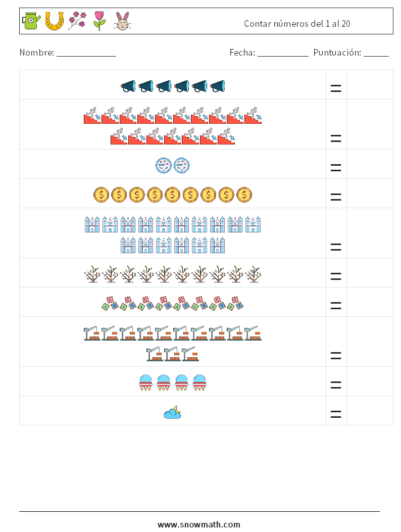 Contar números del 1 al 20 Hojas de trabajo de matemáticas 8