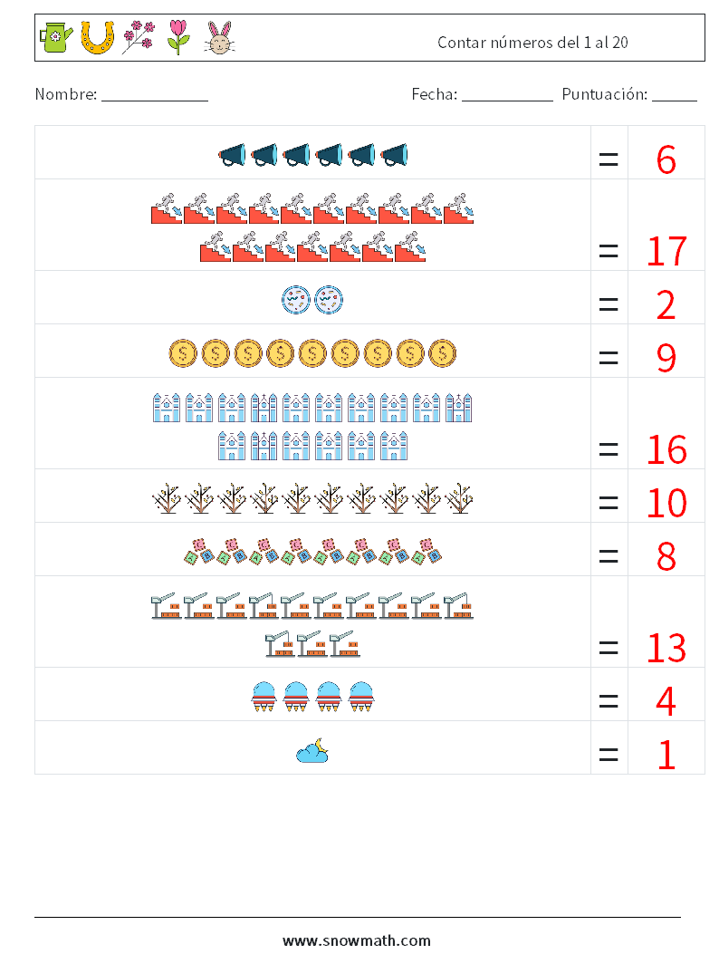 Contar números del 1 al 20 Hojas de trabajo de matemáticas 8 Pregunta, respuesta