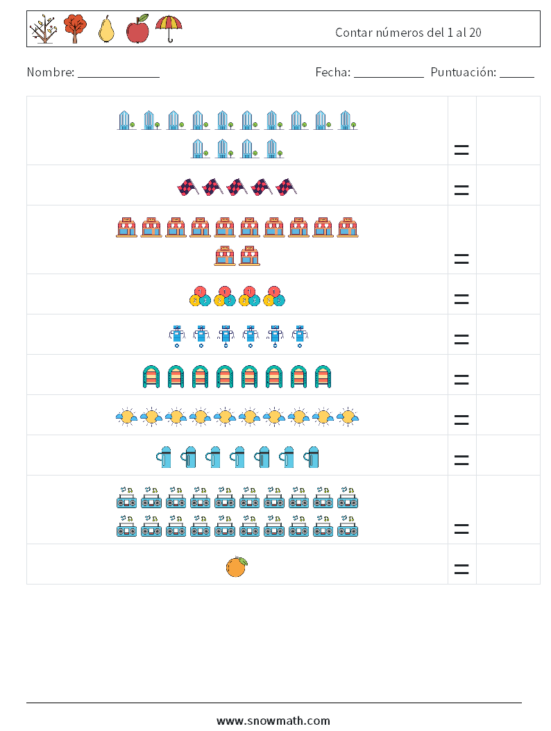 Contar números del 1 al 20 Hojas de trabajo de matemáticas 9