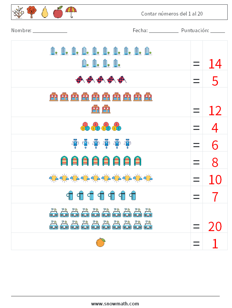 Contar números del 1 al 20 Hojas de trabajo de matemáticas 9 Pregunta, respuesta