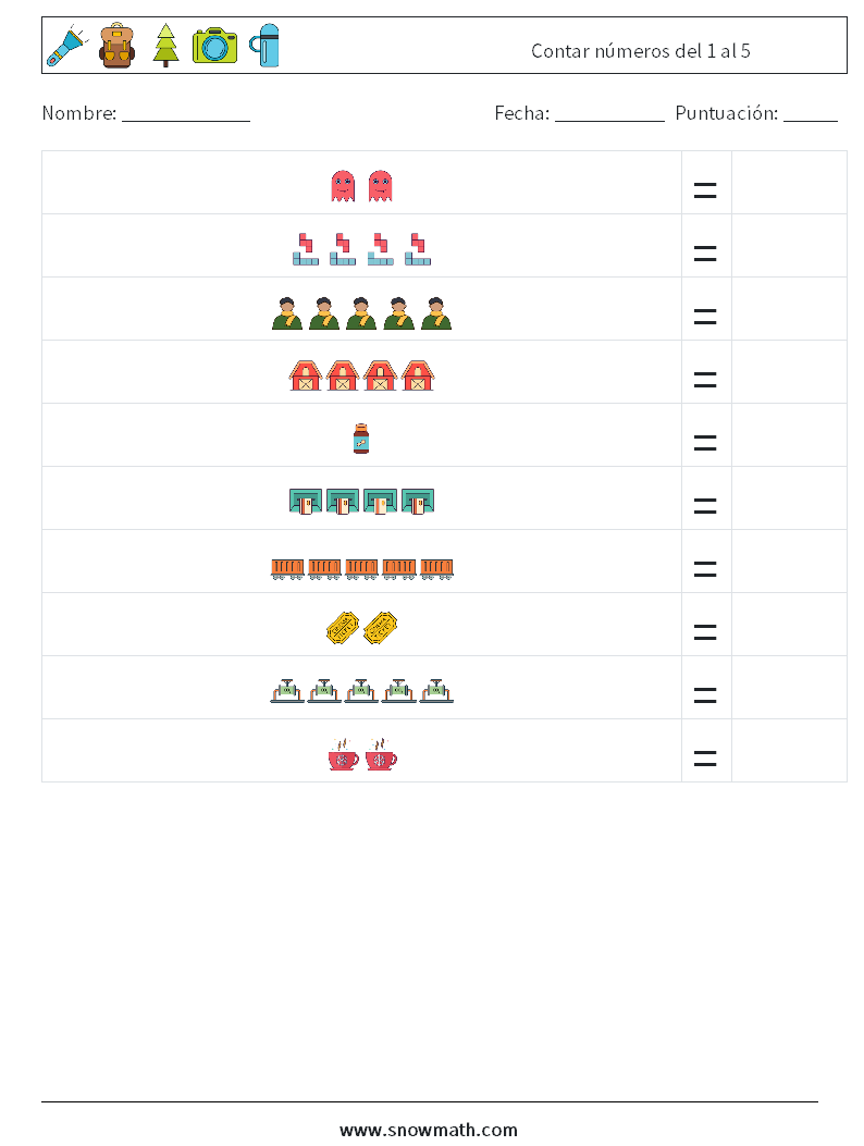 Contar números del 1 al 5 Hojas de trabajo de matemáticas 1