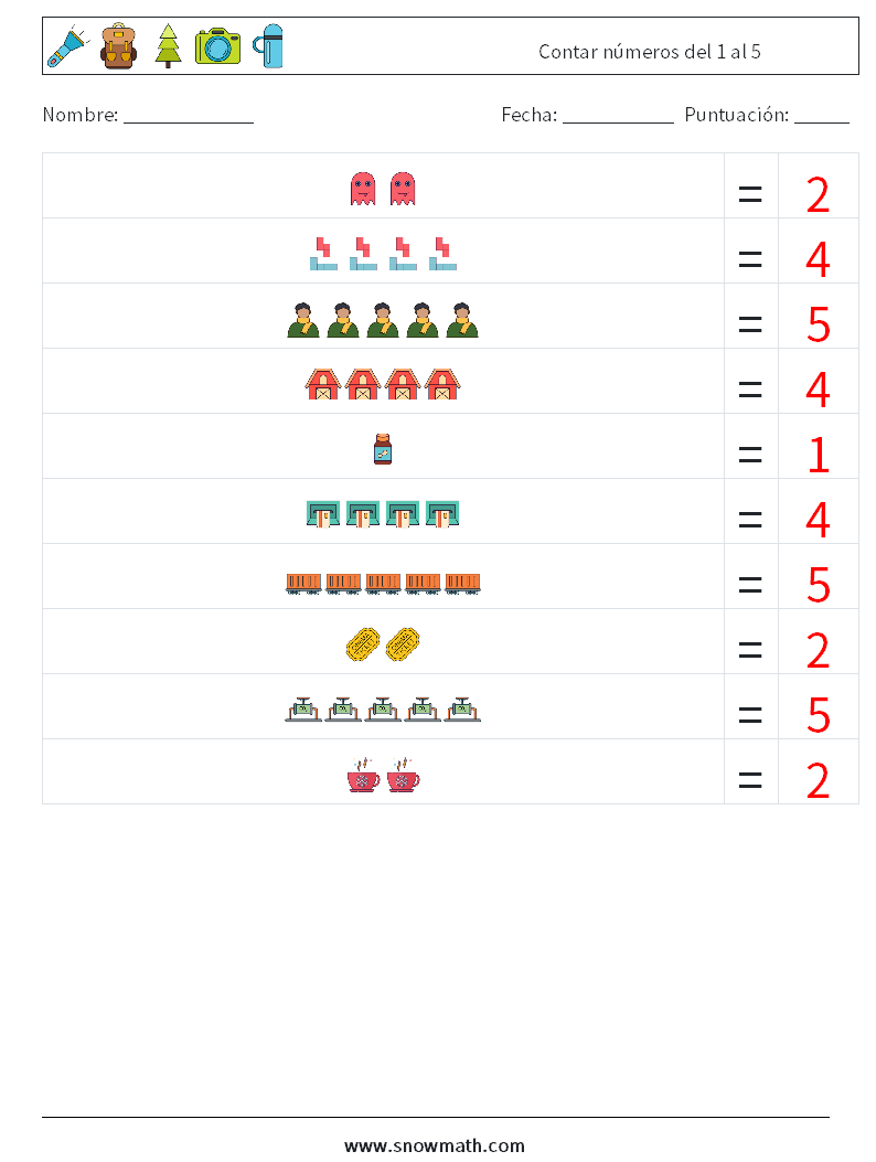 Contar números del 1 al 5 Hojas de trabajo de matemáticas 1 Pregunta, respuesta