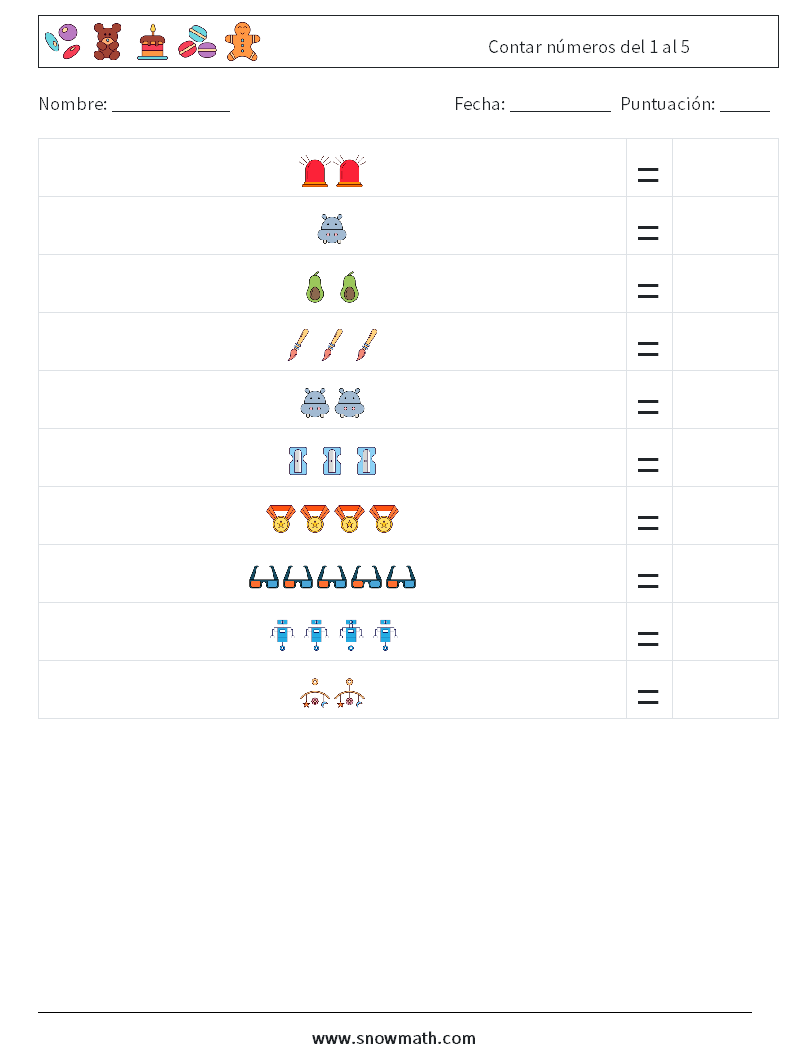 Contar números del 1 al 5 Hojas de trabajo de matemáticas 2