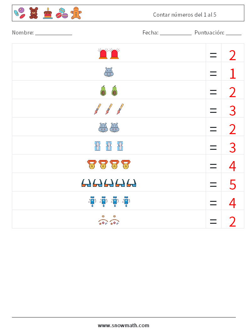 Contar números del 1 al 5 Hojas de trabajo de matemáticas 2 Pregunta, respuesta