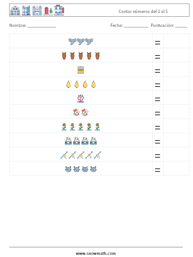 Contar números del 1 al 5 Hojas de trabajo de matemáticas 3