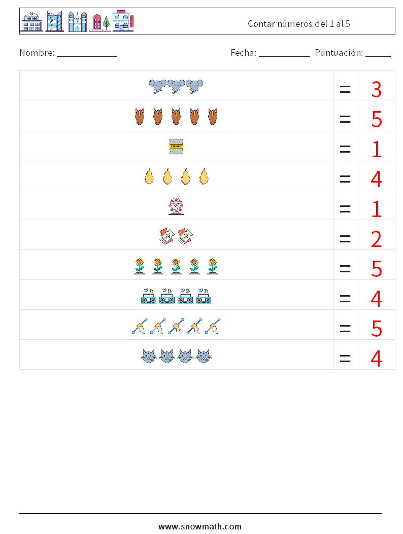 Contar números del 1 al 5 Hojas de trabajo de matemáticas 3 Pregunta, respuesta