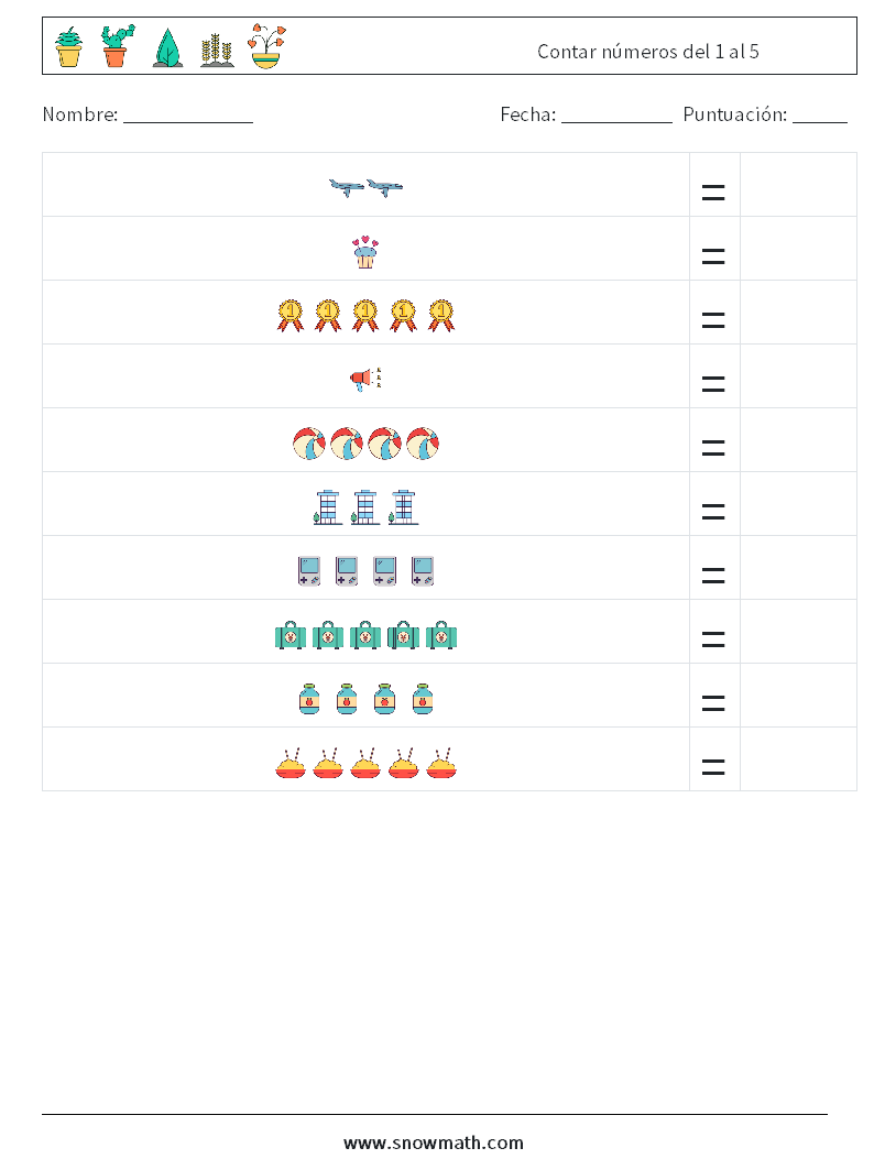 Contar números del 1 al 5 Hojas de trabajo de matemáticas 5