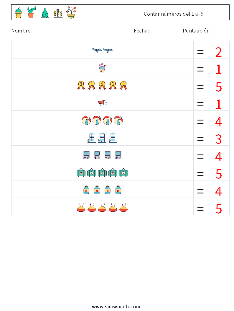 Contar números del 1 al 5 Hojas de trabajo de matemáticas 5 Pregunta, respuesta