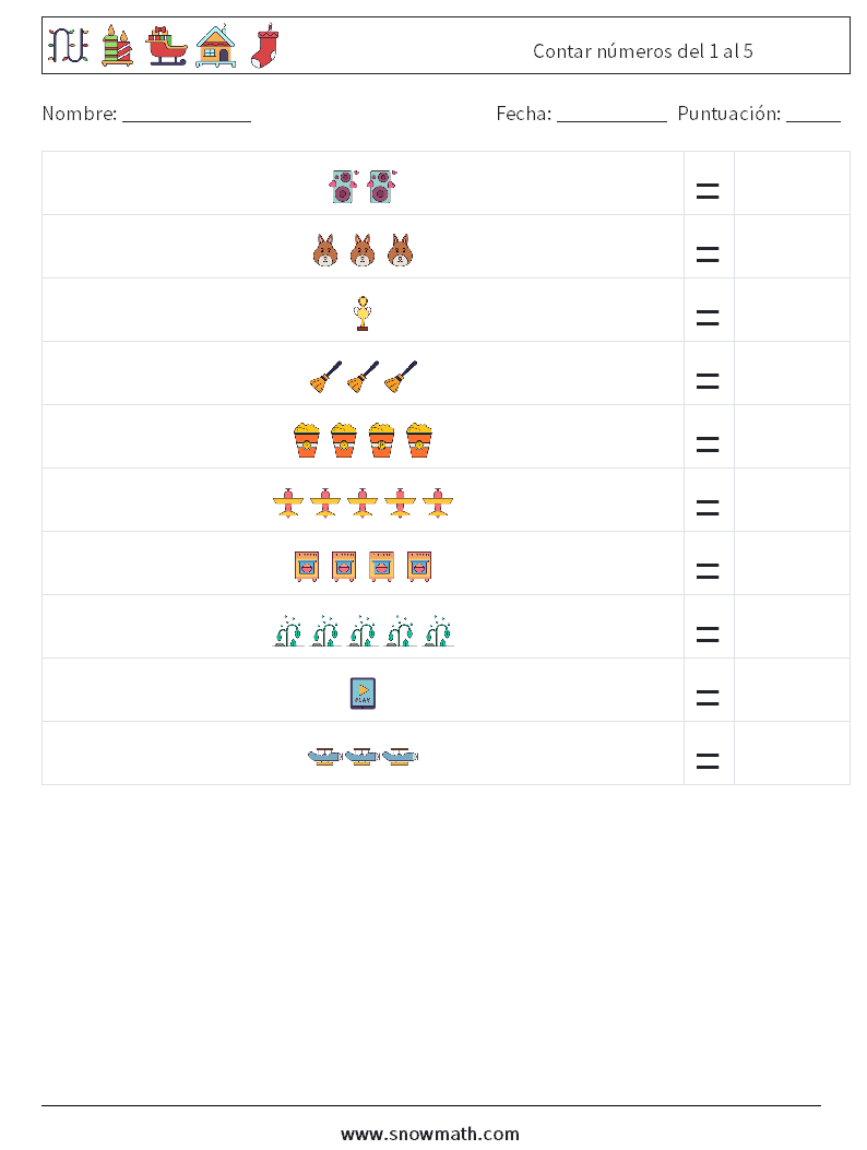 Contar números del 1 al 5 Hojas de trabajo de matemáticas 6