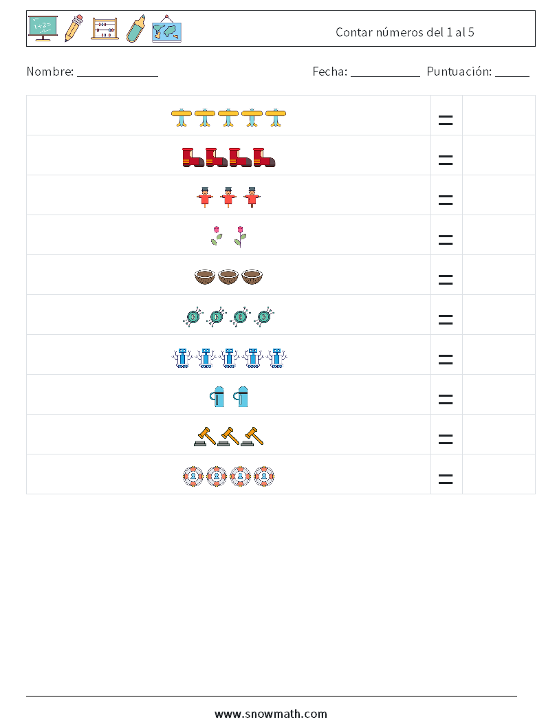 Contar números del 1 al 5 Hojas de trabajo de matemáticas 7