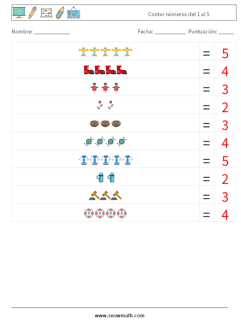 Contar números del 1 al 5 Hojas de trabajo de matemáticas 7 Pregunta, respuesta
