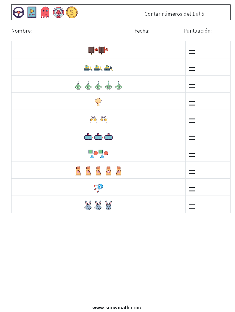 Contar números del 1 al 5 Hojas de trabajo de matemáticas 8