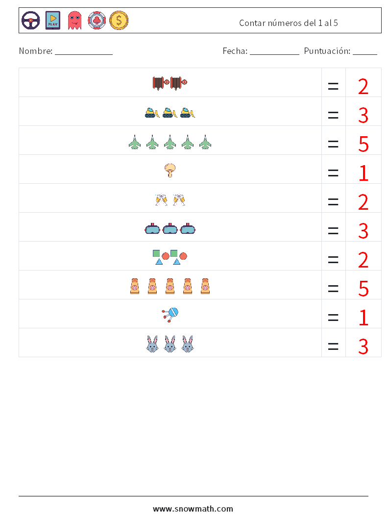 Contar números del 1 al 5 Hojas de trabajo de matemáticas 8 Pregunta, respuesta