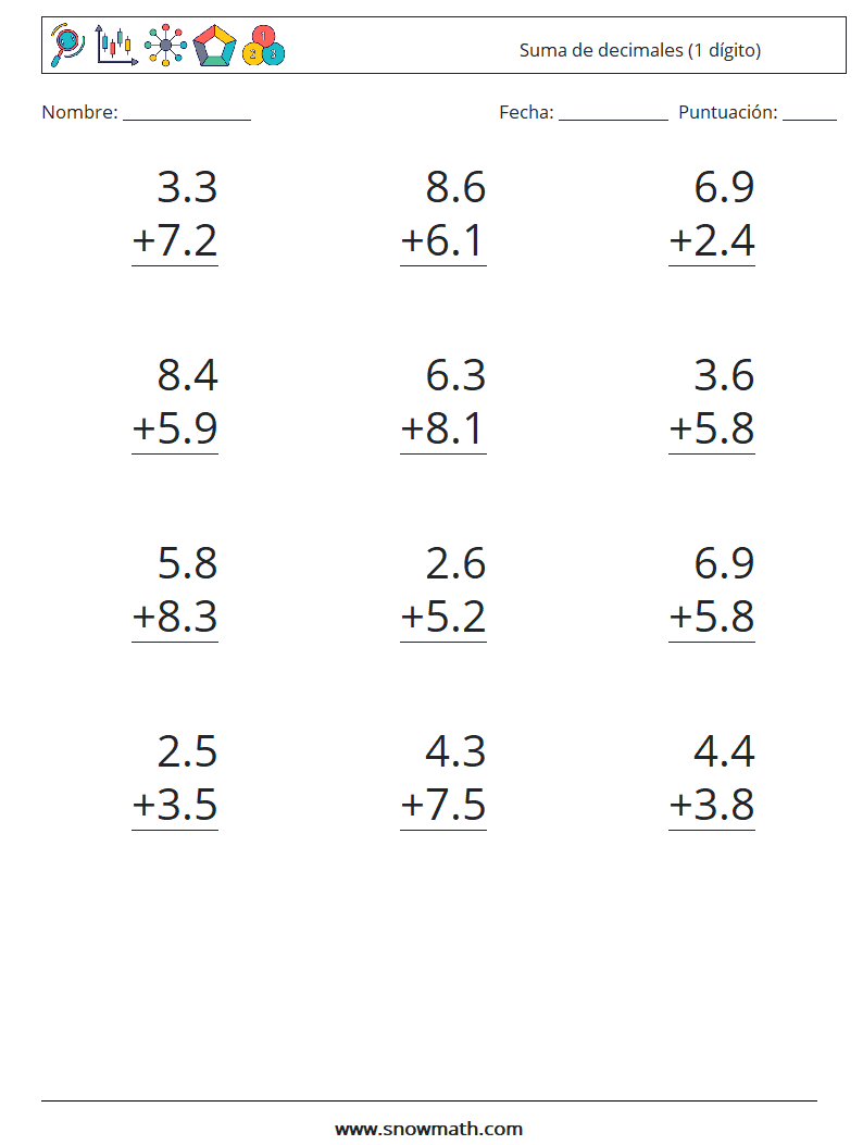 (12) Suma de decimales (1 dígito) Hojas de trabajo de matemáticas 1