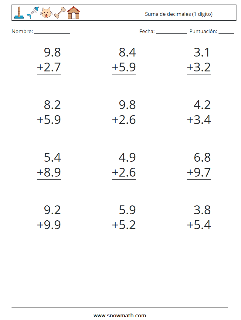 (12) Suma de decimales (1 dígito) Hojas de trabajo de matemáticas 10