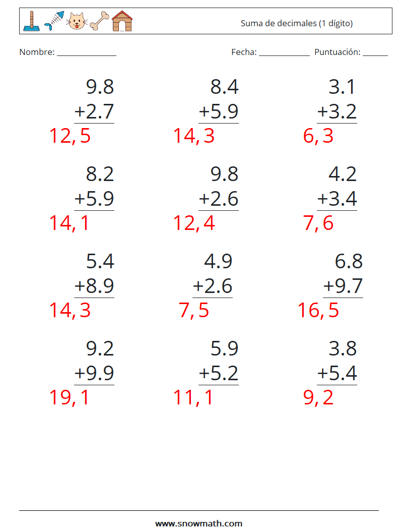 (12) Suma de decimales (1 dígito) Hojas de trabajo de matemáticas 10 Pregunta, respuesta