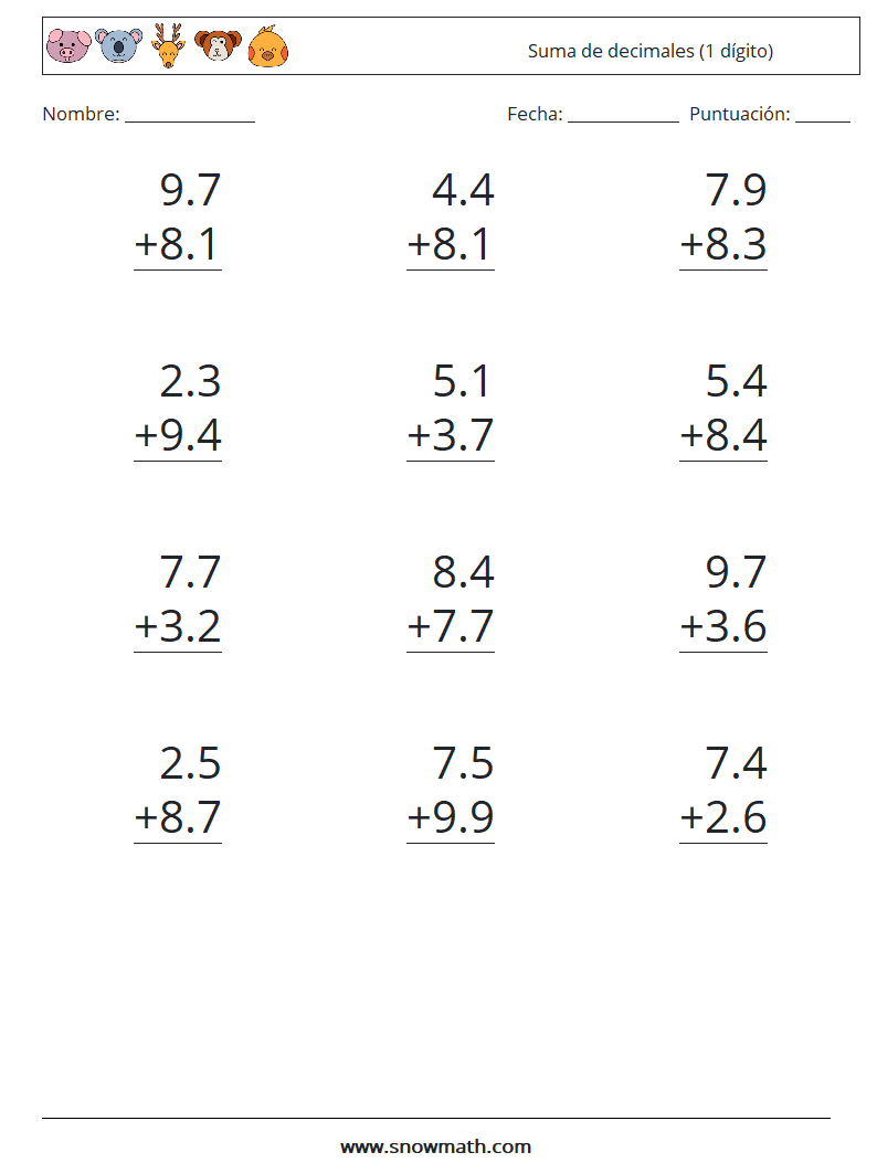 (12) Suma de decimales (1 dígito) Hojas de trabajo de matemáticas 11