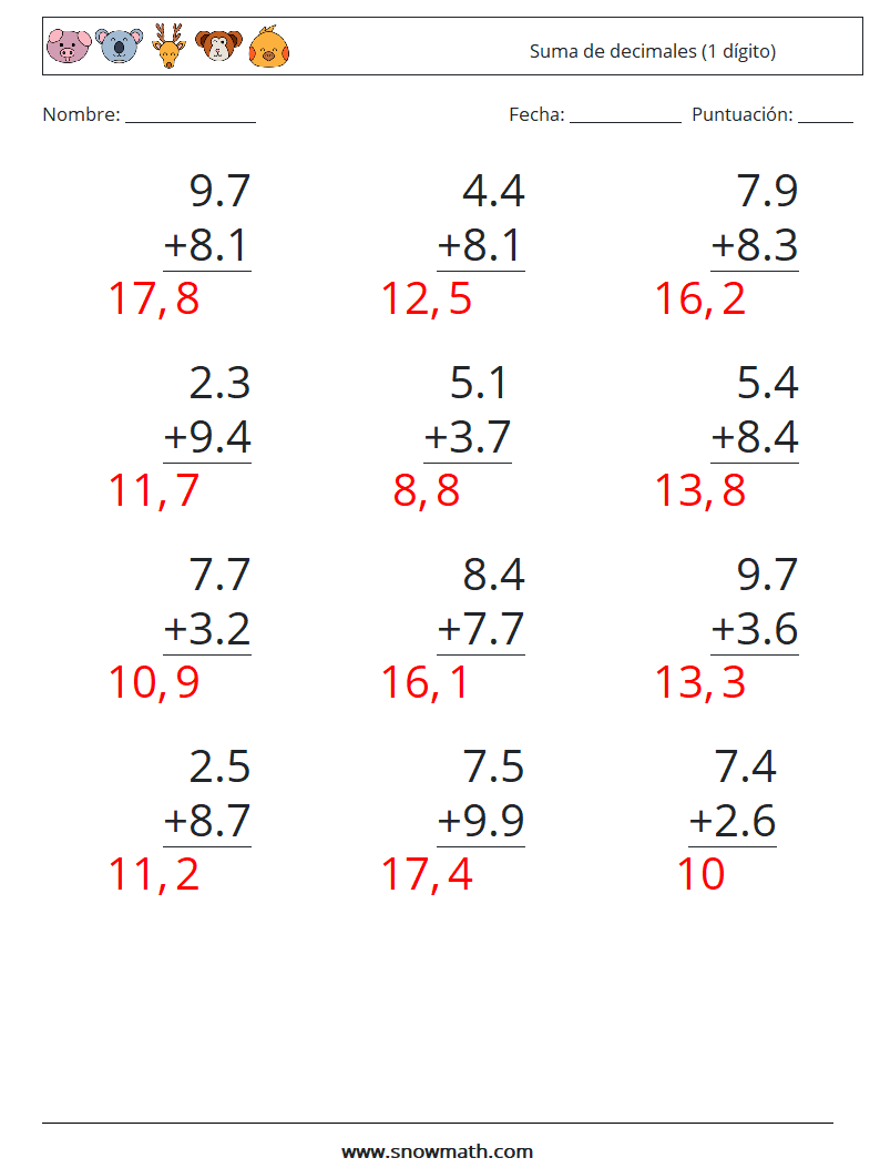 (12) Suma de decimales (1 dígito) Hojas de trabajo de matemáticas 11 Pregunta, respuesta