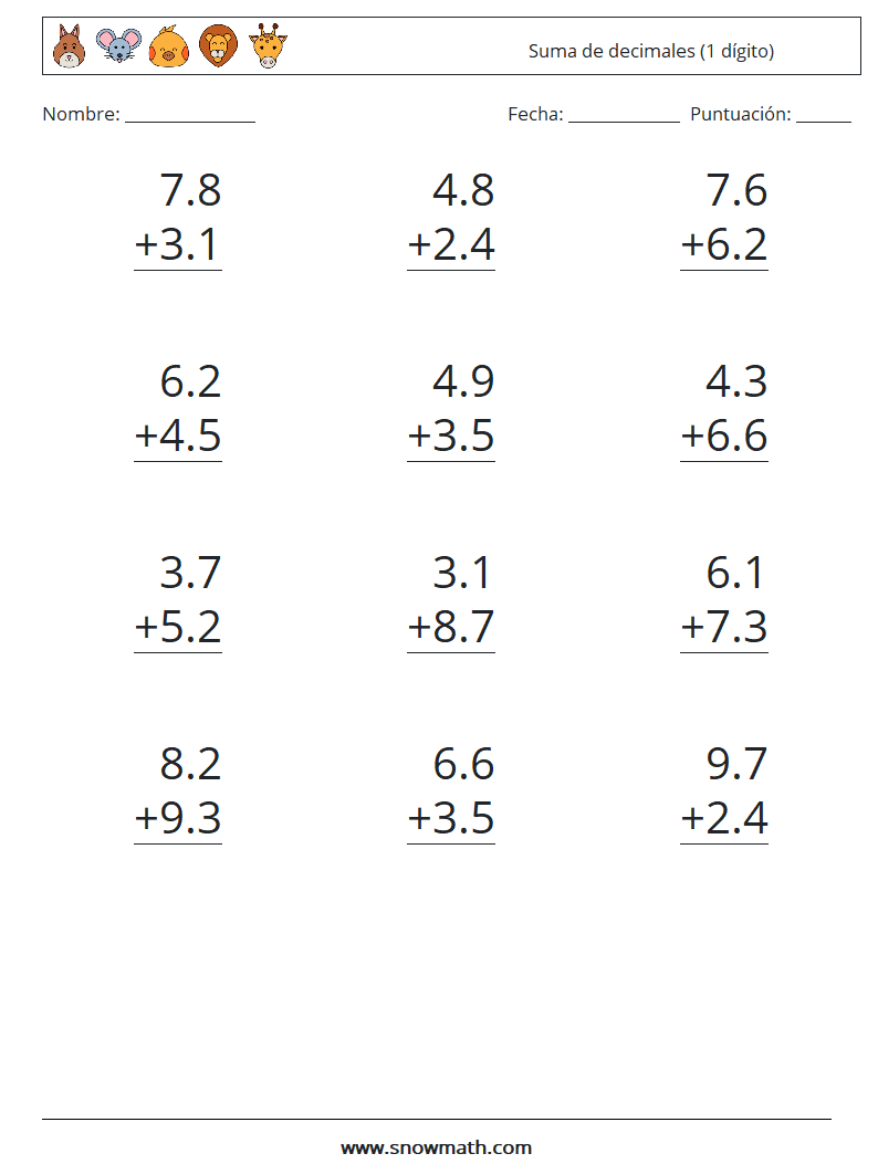 (12) Suma de decimales (1 dígito) Hojas de trabajo de matemáticas 12