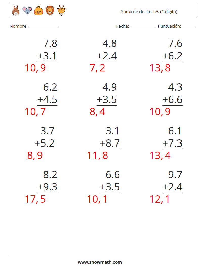 (12) Suma de decimales (1 dígito) Hojas de trabajo de matemáticas 12 Pregunta, respuesta