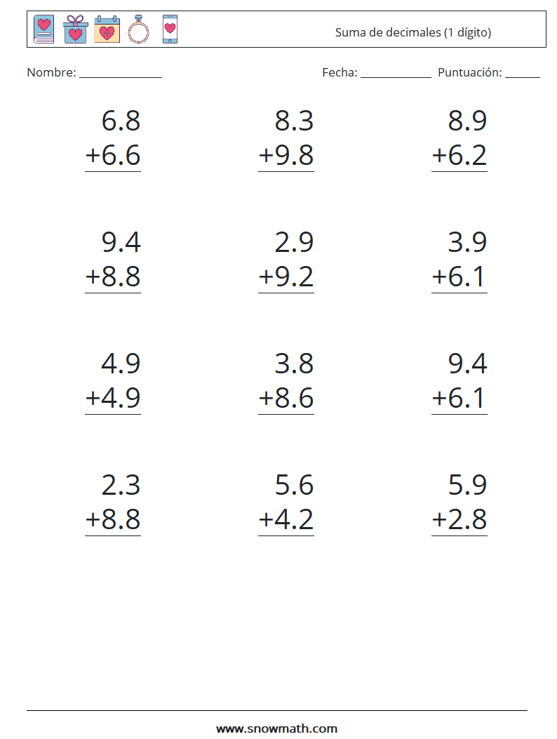 (12) Suma de decimales (1 dígito) Hojas de trabajo de matemáticas 13