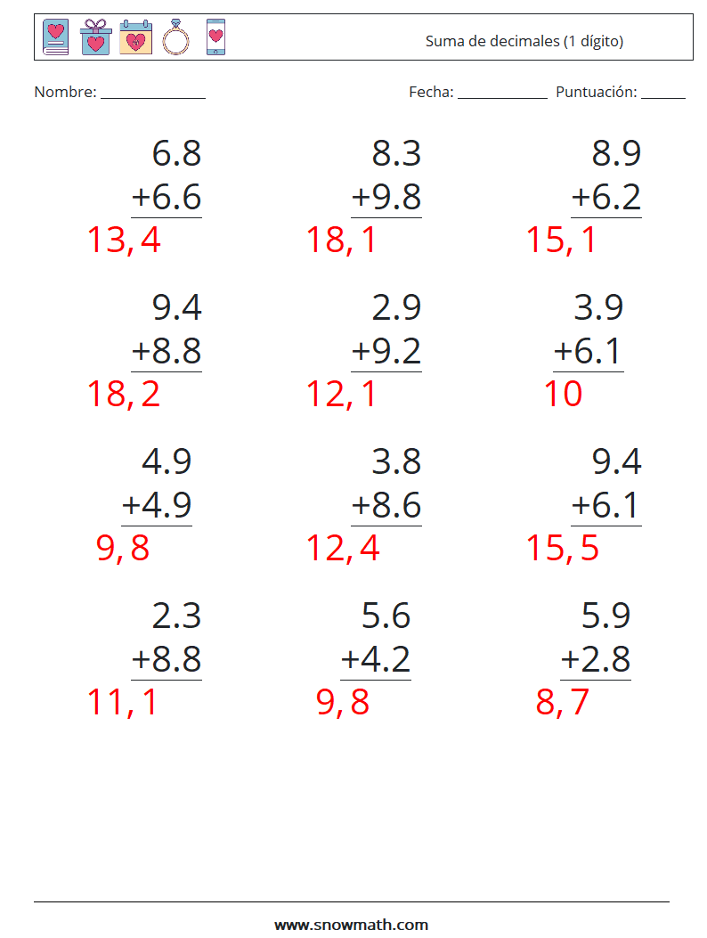 (12) Suma de decimales (1 dígito) Hojas de trabajo de matemáticas 13 Pregunta, respuesta