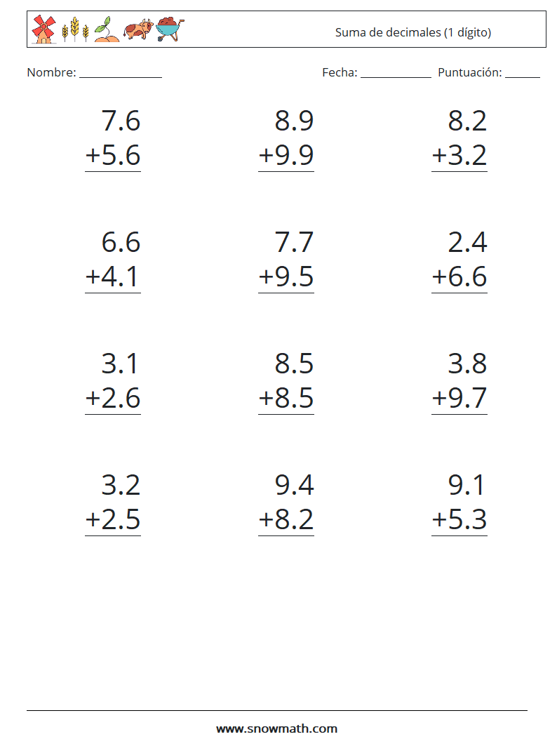 (12) Suma de decimales (1 dígito) Hojas de trabajo de matemáticas 15