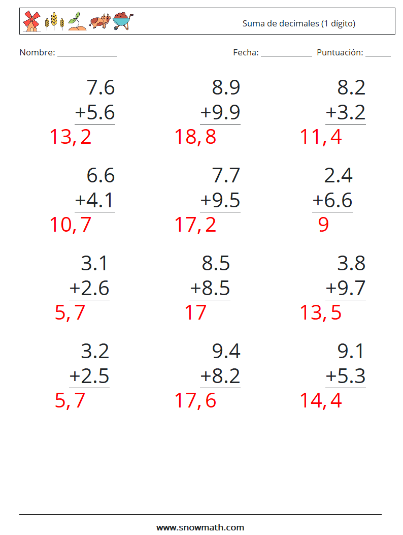 (12) Suma de decimales (1 dígito) Hojas de trabajo de matemáticas 15 Pregunta, respuesta