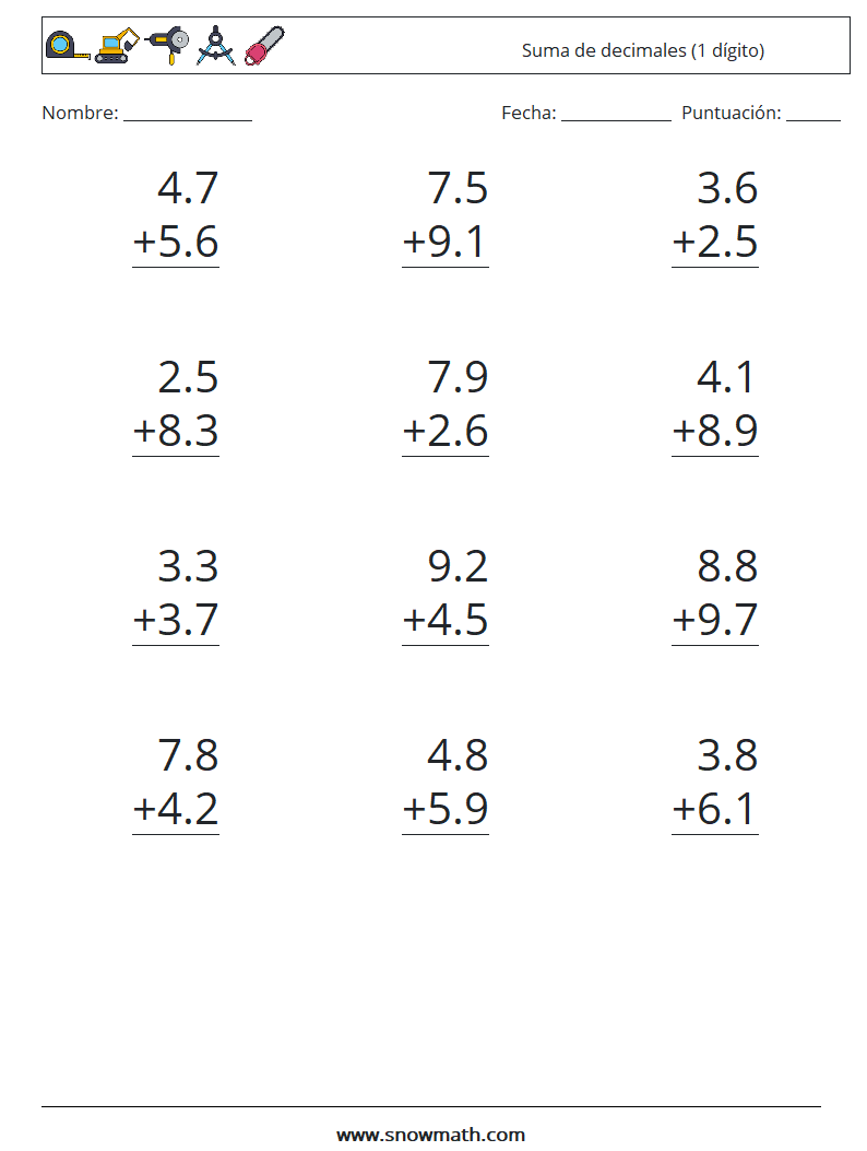 (12) Suma de decimales (1 dígito) Hojas de trabajo de matemáticas 16