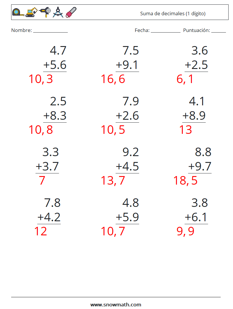 (12) Suma de decimales (1 dígito) Hojas de trabajo de matemáticas 16 Pregunta, respuesta