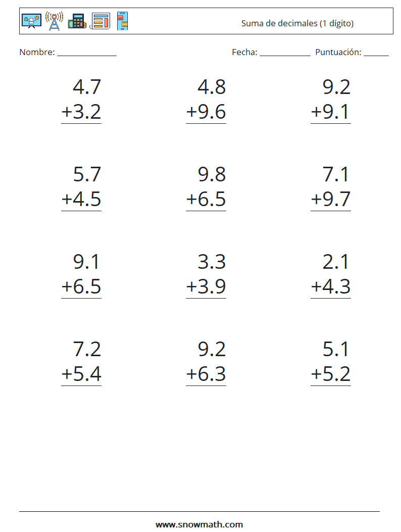 (12) Suma de decimales (1 dígito) Hojas de trabajo de matemáticas 17