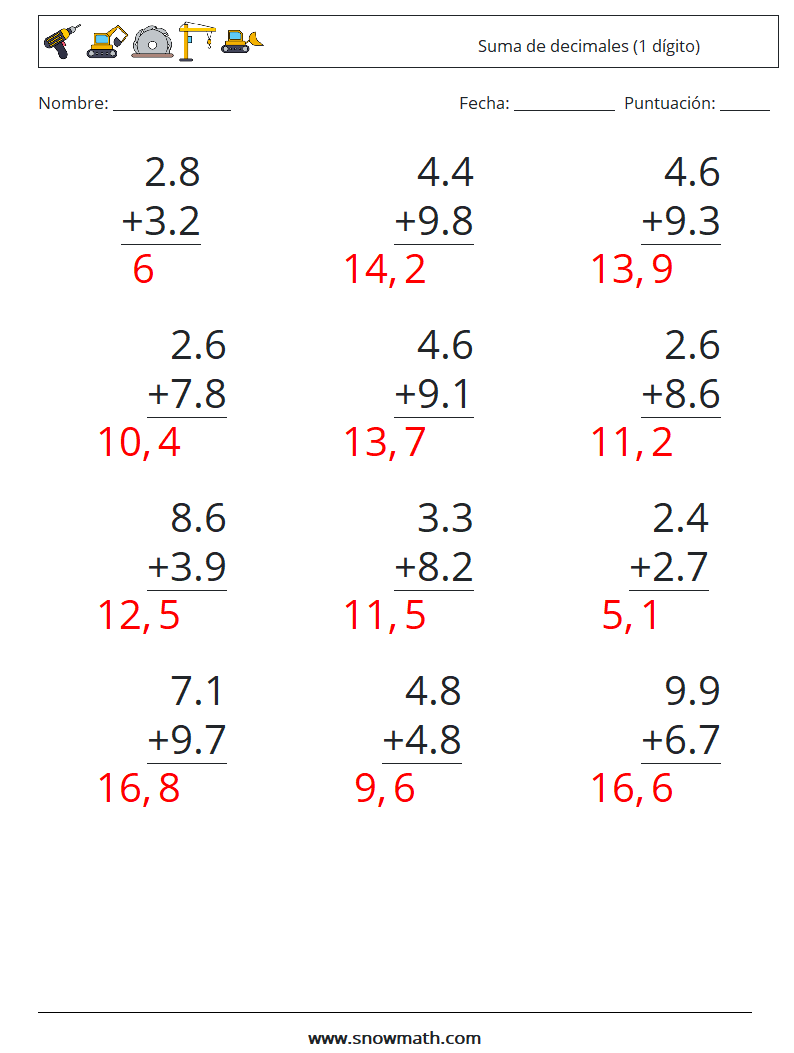 (12) Suma de decimales (1 dígito) Hojas de trabajo de matemáticas 18 Pregunta, respuesta