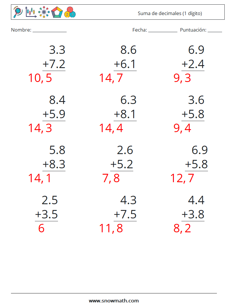 (12) Suma de decimales (1 dígito) Hojas de trabajo de matemáticas 1 Pregunta, respuesta