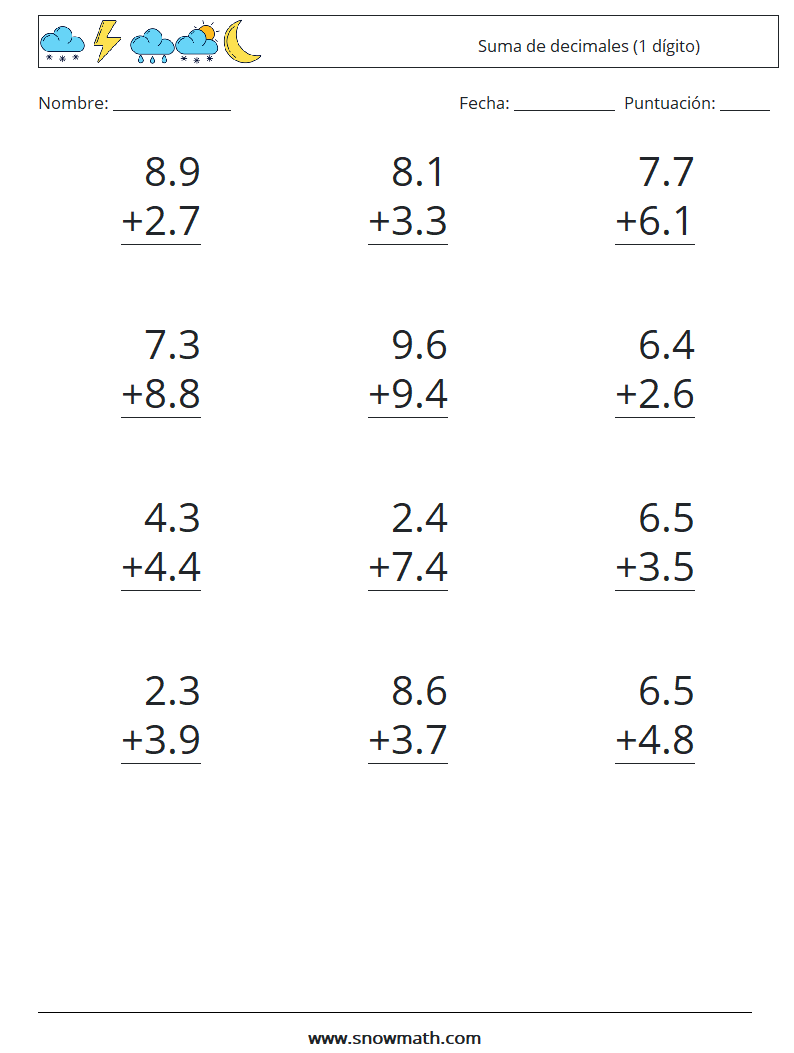 (12) Suma de decimales (1 dígito) Hojas de trabajo de matemáticas 2