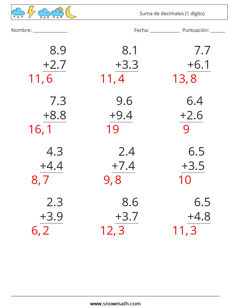 (12) Suma de decimales (1 dígito) Hojas de trabajo de matemáticas 2 Pregunta, respuesta