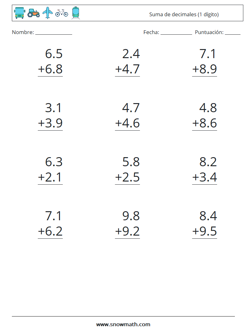 (12) Suma de decimales (1 dígito) Hojas de trabajo de matemáticas 3