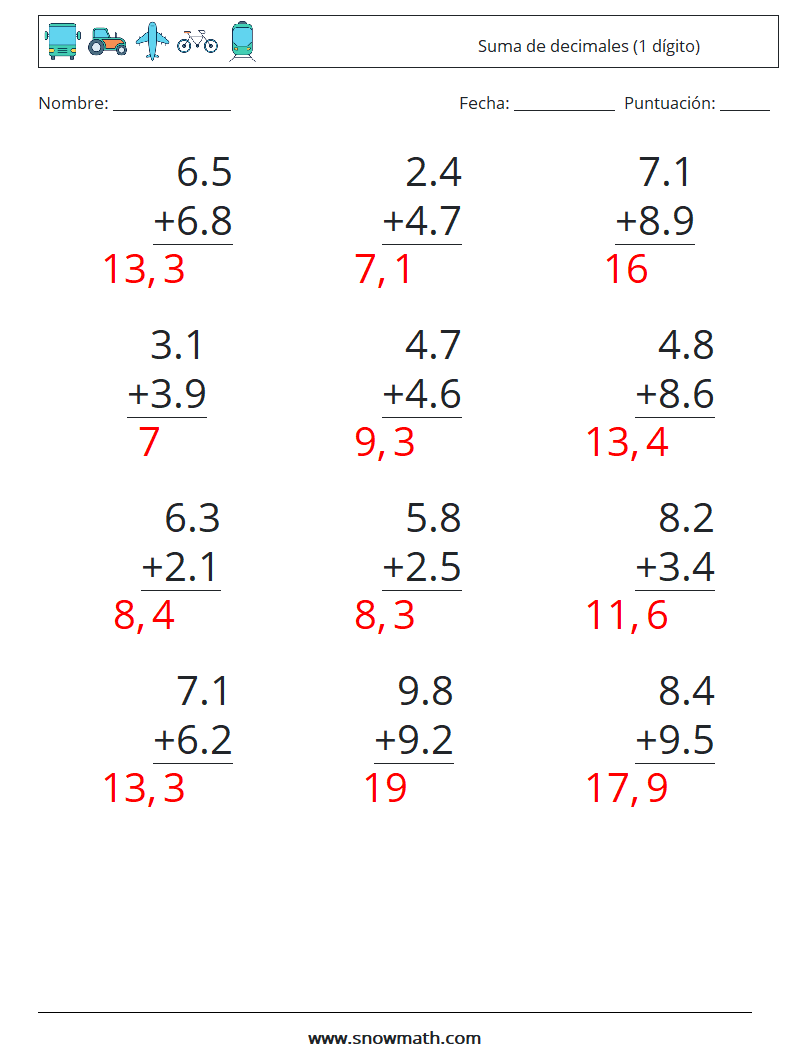 (12) Suma de decimales (1 dígito) Hojas de trabajo de matemáticas 3 Pregunta, respuesta