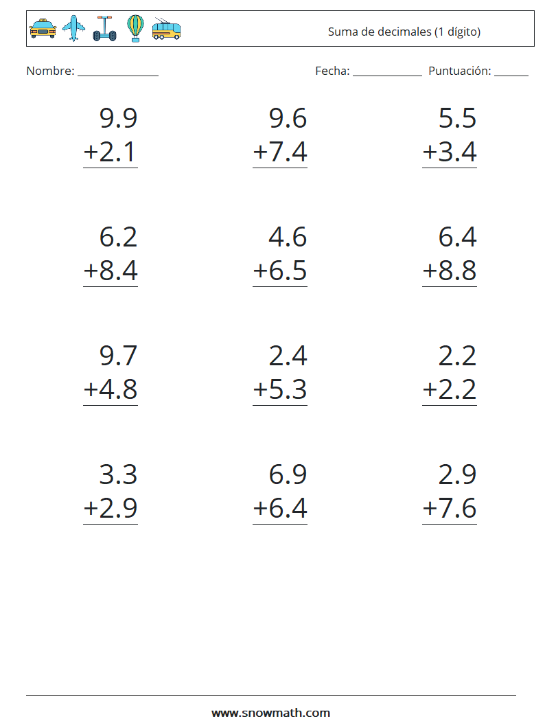 (12) Suma de decimales (1 dígito) Hojas de trabajo de matemáticas 4