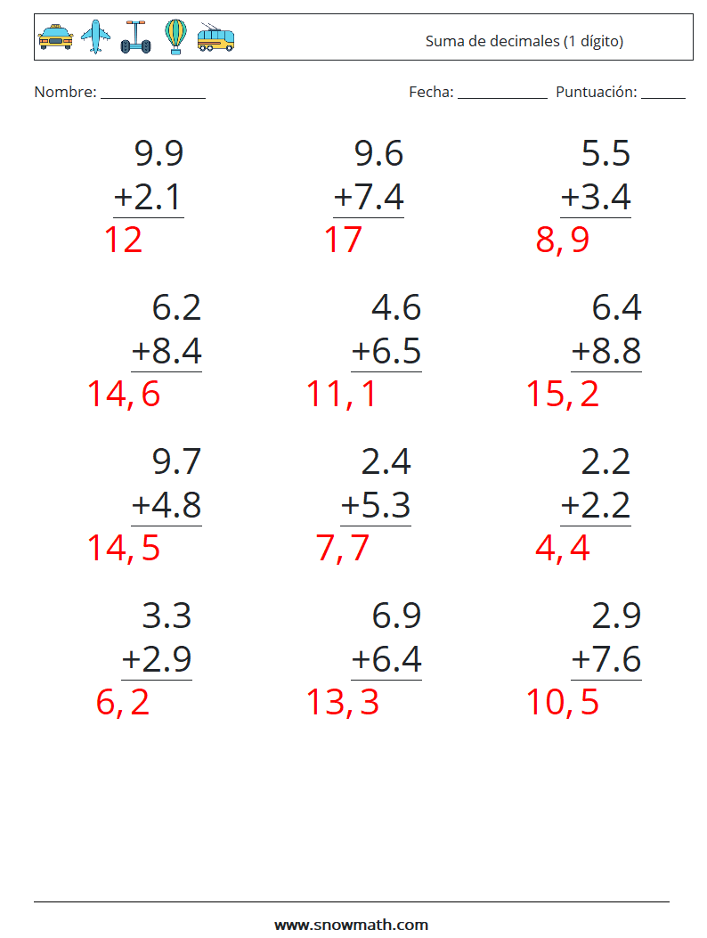 (12) Suma de decimales (1 dígito) Hojas de trabajo de matemáticas 4 Pregunta, respuesta