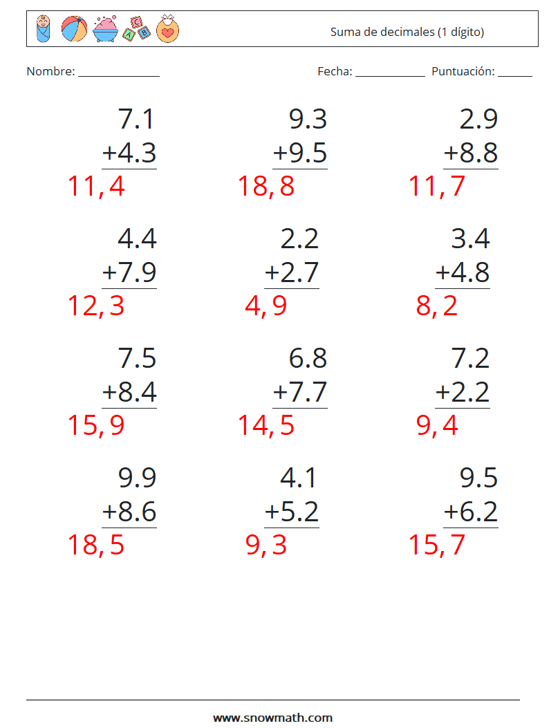 (12) Suma de decimales (1 dígito) Hojas de trabajo de matemáticas 5 Pregunta, respuesta